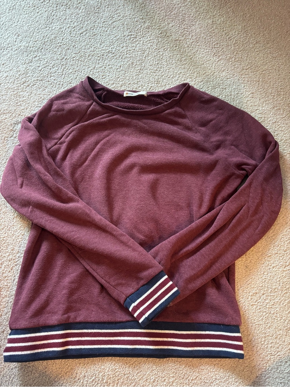 Marine Layer Maroon Scoop Neck Sweater with Navy & White Stripes